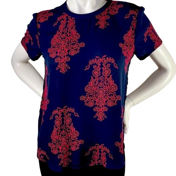 Loft Petites Black Red Floral Blouse Back Button Closure M/L see measurements - Picture 2 of 14